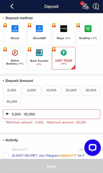 Step 1: Select the USDT TRC20 deposit method and enter the deposit amount