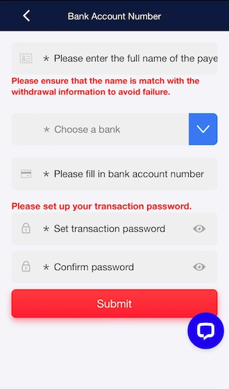 Step 3: Please enter your bank account information and create a transaction password. 