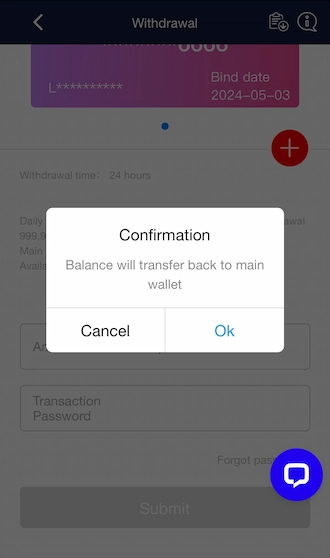Step 2: The system notifies that the balance has been transferred to the main wallet.
